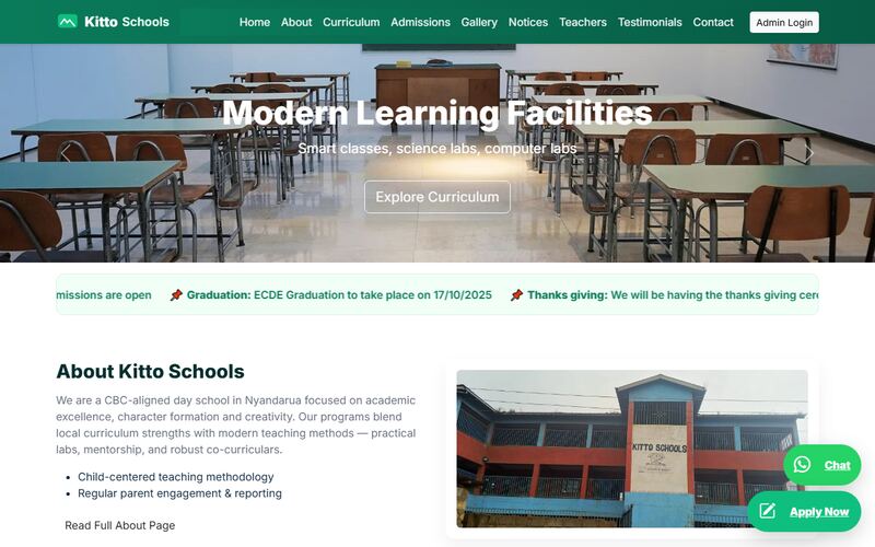 Kitto Schools website, built by ByKabiro Labs