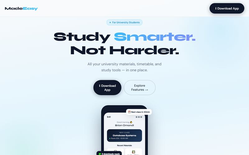 Made Easy study app landing page for university students